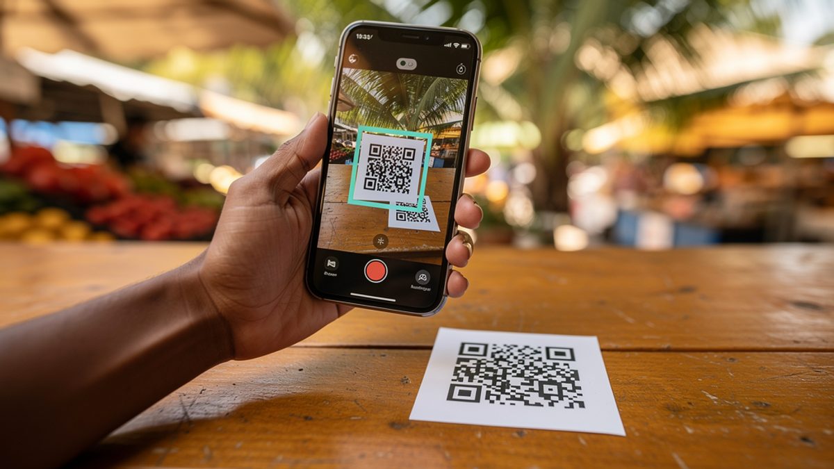 Hand scanning a Pix QR code with a smartphone at an outdoor market stall in Brazil
