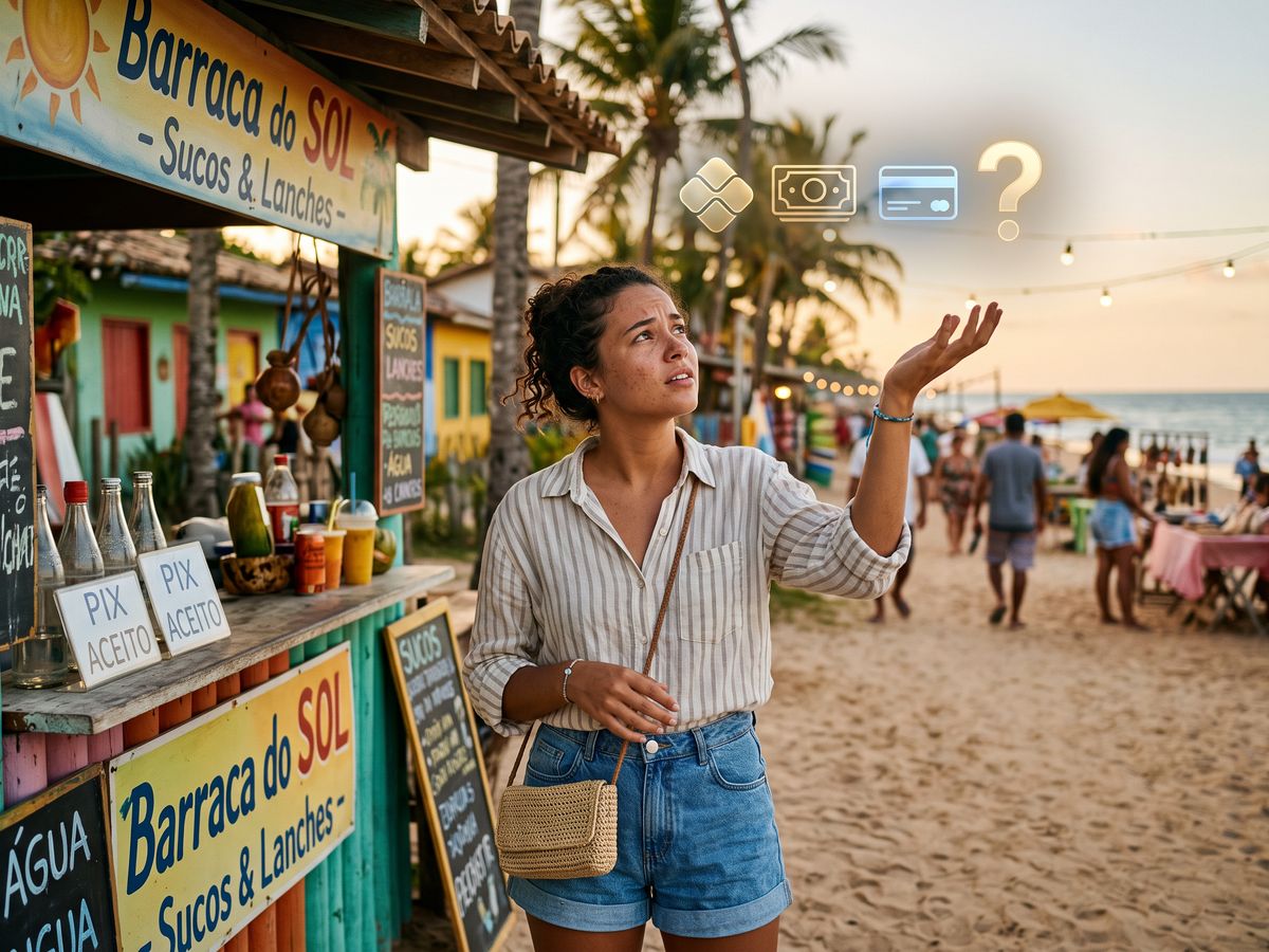 Tourist at a Brazilian beach kiosk with Pix accepted signs, weighing her payment options