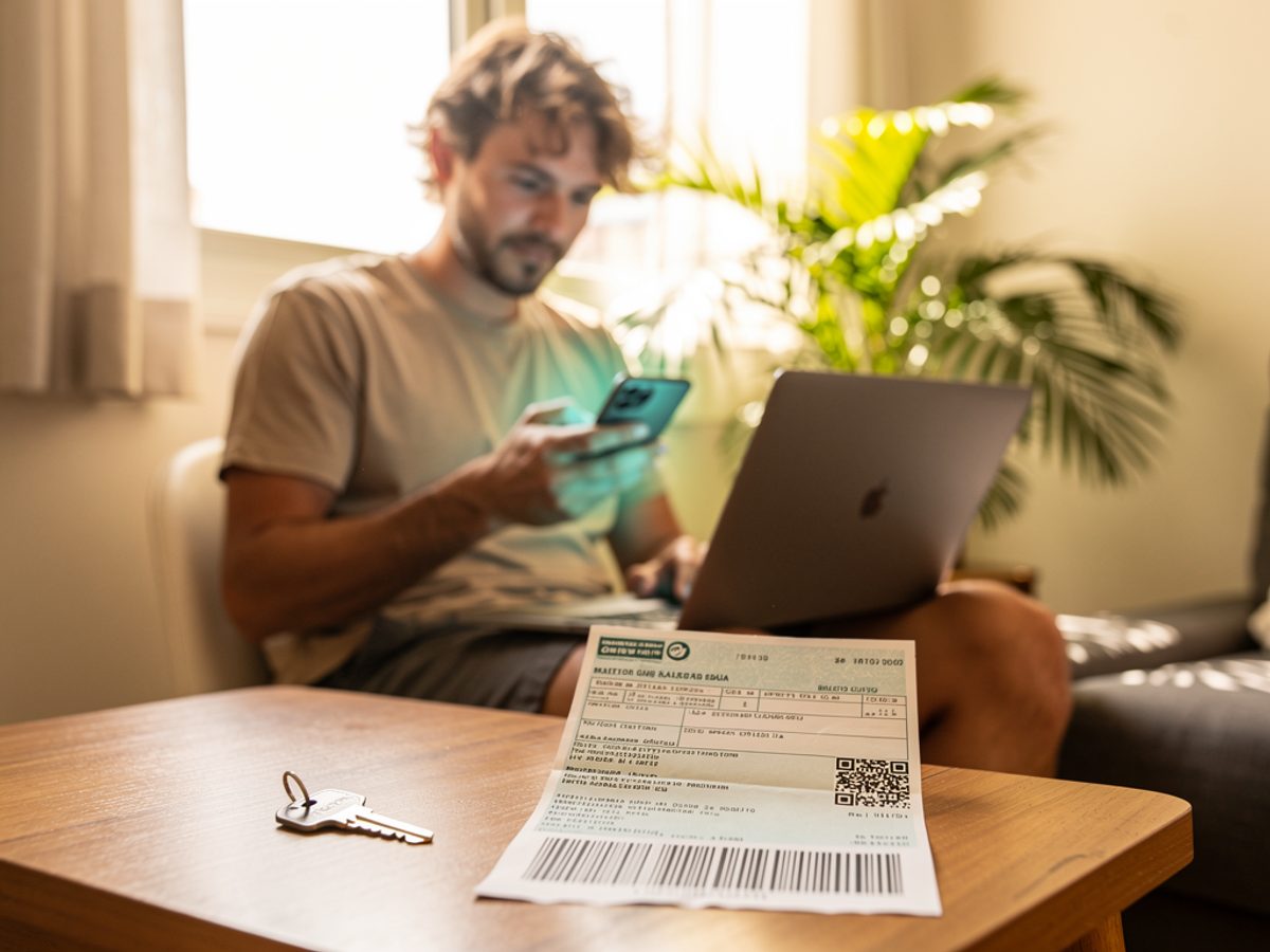 A digital nomad checking his phone next to a laptop, with a Bolepix bill and an apartment key on the table