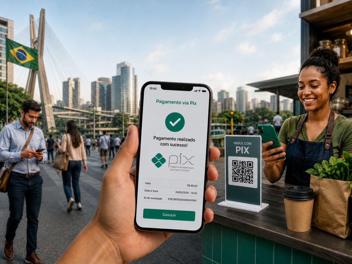 A hand holding a phone showing a completed Pix payment, with a vendor accepting Pix by QR code and the São Paulo skyline in the background