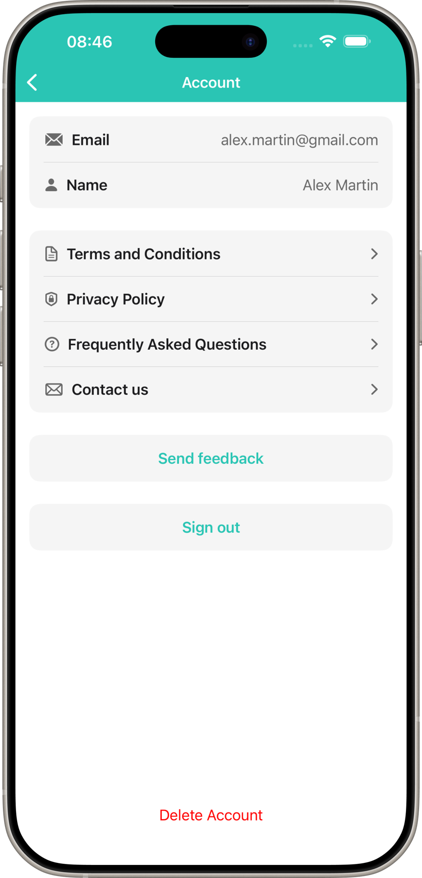 Lokal app profile screen with the Delete Account button