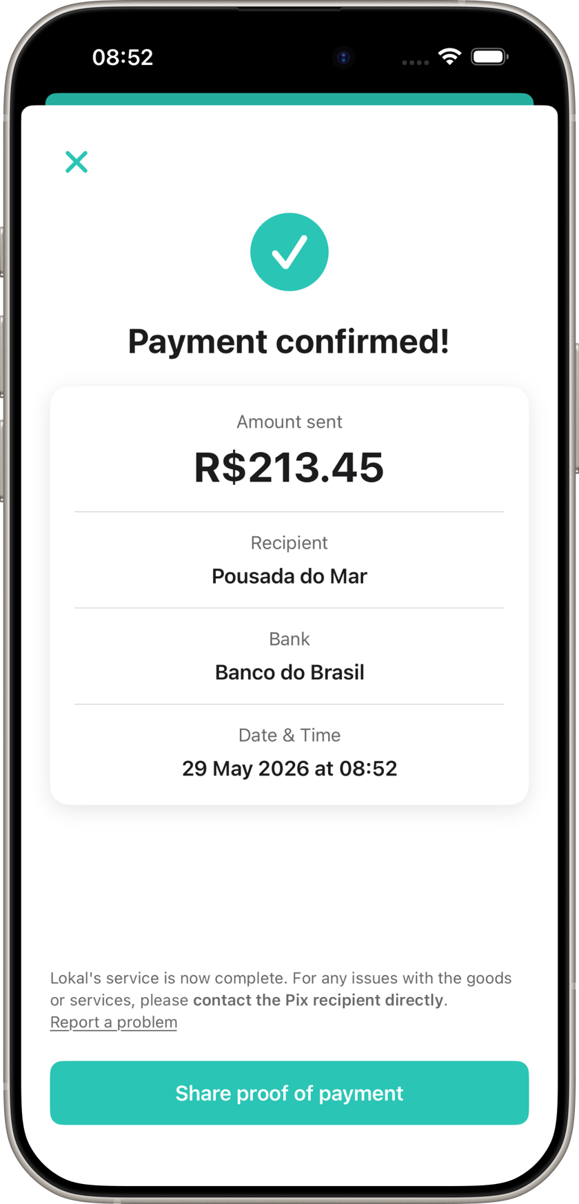 Lokal app screen showing payment confirmed