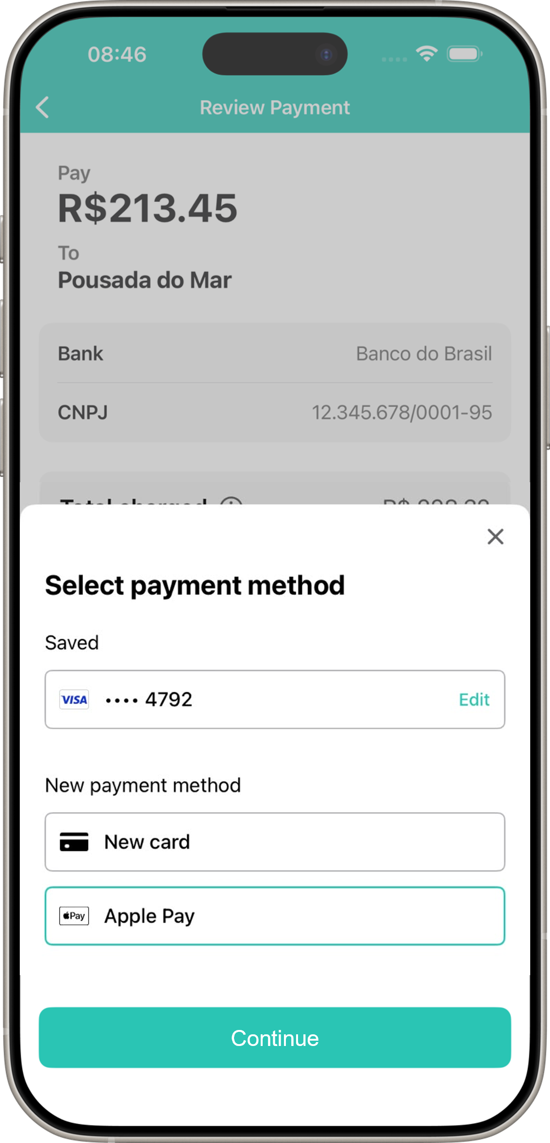 Lokal app screen to choose credit card or Apple Pay