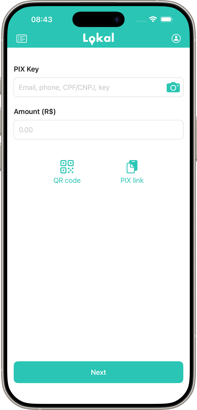 Lokal app screen with Pix key input and QR Code options