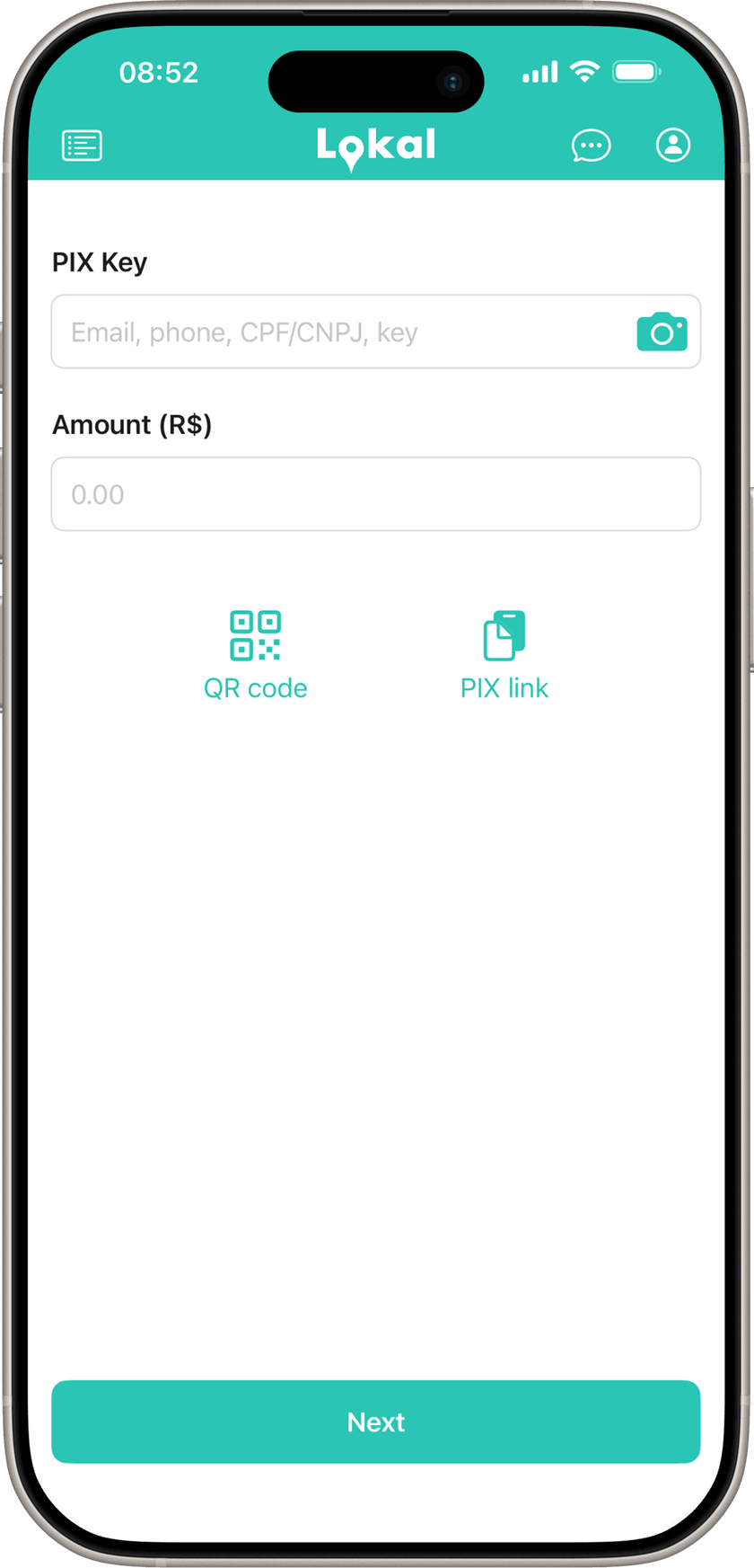 Lokal app screen with Pix key input and QR Code options